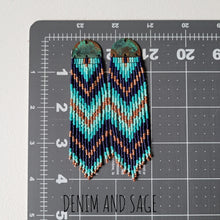 Load image into Gallery viewer, Patina copper blue beaded earrings. Indigenous handmade.