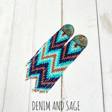 Load image into Gallery viewer, Patina copper blue beaded earrings. Indigenous handmade.