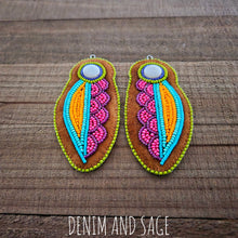 Load image into Gallery viewer, Neon flower (larger) applique beaded earrings. Indigenous handmade.