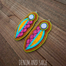 Load image into Gallery viewer, Neon flower (larger) applique beaded earrings. Indigenous handmade.