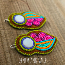 Load image into Gallery viewer, Neon flower (smaller) applique beaded earrings. Indigenous handmade.