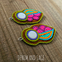 Load image into Gallery viewer, Neon flower (smaller) applique beaded earrings. Indigenous handmade.