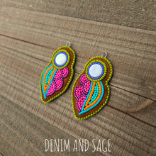 Load image into Gallery viewer, Neon flower (smaller) applique beaded earrings. Indigenous handmade.