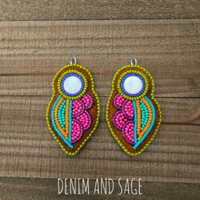 Load image into Gallery viewer, Neon flower (smaller) applique beaded earrings. Indigenous handmade.