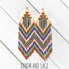 Load image into Gallery viewer, Burnt orange, purple, green and cream beaded fringe earrings. Indigenous handmade.