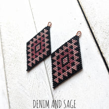 Load image into Gallery viewer, Matte black and rose gold double diamond beaded earrings. Indigenous handmade.