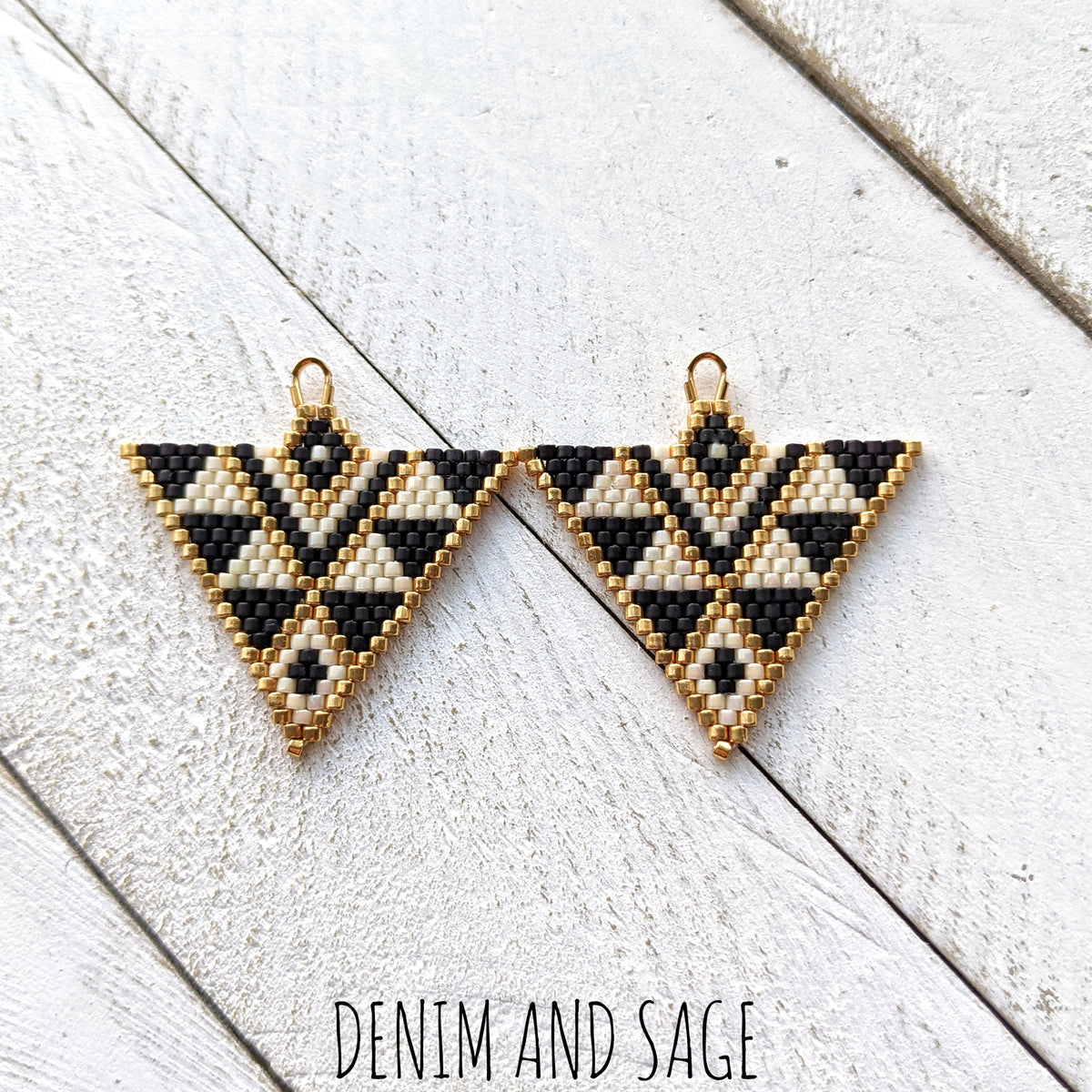 Cream, matte black and gold triangle beaded earrings. Indigenous handm