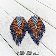 Load image into Gallery viewer, Navy and brown beaded earrings. Indigenous handmade.