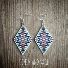 Load image into Gallery viewer, Mint green and navy beaded earrings. Indigenous handmade