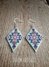 Load image into Gallery viewer, Mint green and navy beaded earrings. Indigenous handmade