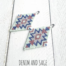 Load image into Gallery viewer, Mint green and navy beaded earrings. Indigenous handmade