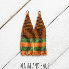 Load image into Gallery viewer, Fall brown, green, and orange beaded earrings. Indigenous handmade.
