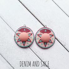 Load image into Gallery viewer, Peach, Red and seafoam beaded earrings. Indigenous handmade.
