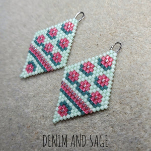 Pink and mint green flower beaded delica earrings. Indigenous Handmade