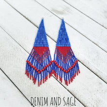 Load image into Gallery viewer, Ice blue and red beaded earrings. Indigenous handmade.
