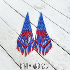 Ice blue and red beaded earrings. Indigenous handmade.