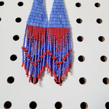 Load image into Gallery viewer, Ice blue and red beaded earrings. Indigenous handmade.
