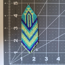 Load image into Gallery viewer, Teal, neon yellow and blue beaded earrings. Indigenous handmade.
