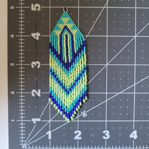 Teal, neon yellow and blue beaded earrings. Indigenous handmade.