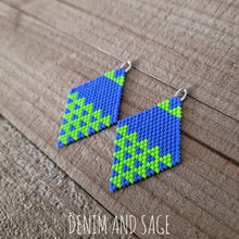 Load image into Gallery viewer, Neon green and cyan blue earrings. Indigenous handmade.
