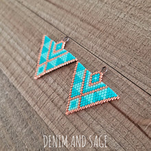 Load image into Gallery viewer, Turquoise ane copper triangle beaded earrings. Indigenous handmade.
