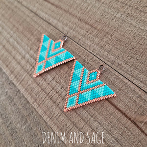 Turquoise ane copper triangle beaded earrings. Indigenous handmade.