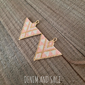 Cream, pink and gold triangle beaded earrings. Indigenous handmade.