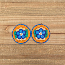 Load image into Gallery viewer, Blue flower applique beaded earrings. Indigenous handmade.
