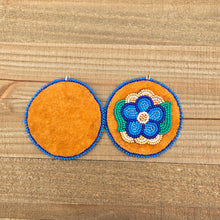 Load image into Gallery viewer, Blue flower applique beaded earrings. Indigenous handmade.
