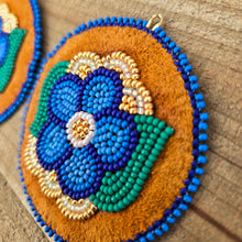 Load image into Gallery viewer, Blue flower applique beaded earrings. Indigenous handmade.
