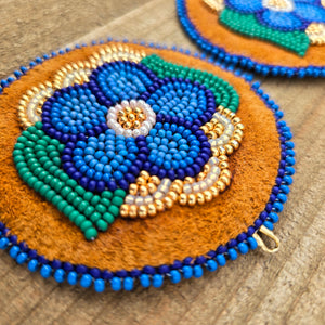 Blue flower applique beaded earrings. Indigenous handmade.