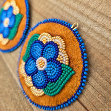 Load image into Gallery viewer, Blue flower applique beaded earrings. Indigenous handmade.
