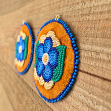 Load image into Gallery viewer, Blue flower applique beaded earrings. Indigenous handmade.
