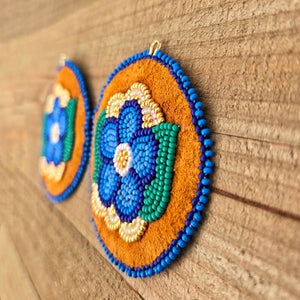 Blue flower applique beaded earrings. Indigenous handmade.