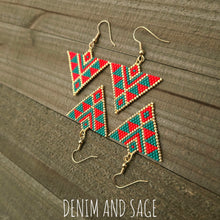 Load image into Gallery viewer, Red and green triangle beaded earrings. Indigenous handmade.
