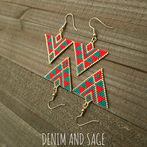 Red and green triangle beaded earrings. Indigenous handmade.