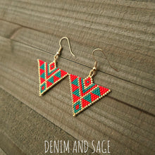 Load image into Gallery viewer, Red and green triangle beaded earrings. Indigenous handmade.
