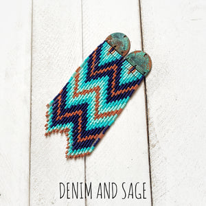 Patina copper blue beaded earrings. Indigenous handmade.