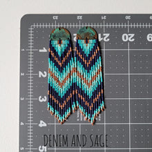 Load image into Gallery viewer, Patina copper blue beaded earrings. Indigenous handmade.
