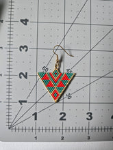 Load image into Gallery viewer, Green snd red triangle beaded earrings. Indigenous handmade.
