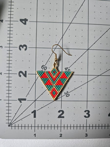 Green snd red triangle beaded earrings. Indigenous handmade.