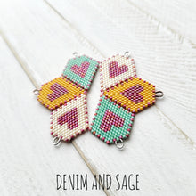 Load image into Gallery viewer, Mustard and pink heart beaded earrings. Indigenous handmade.
