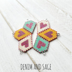 Mustard and pink heart beaded earrings. Indigenous handmade.