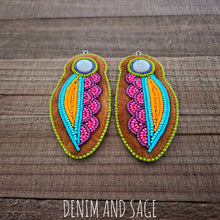 Load image into Gallery viewer, Neon flower applique beaded earrings. Indigenous handmade.
