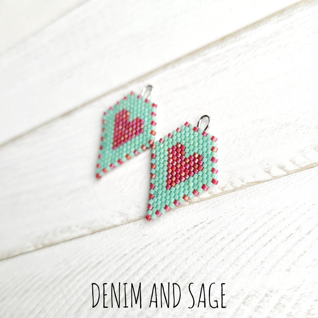 Sea opal and pink heart beaded earrings. Indigenous handmade.