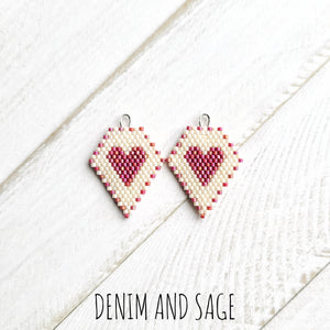 Cream and pink heart beaded earrings. Indigenous handmade.