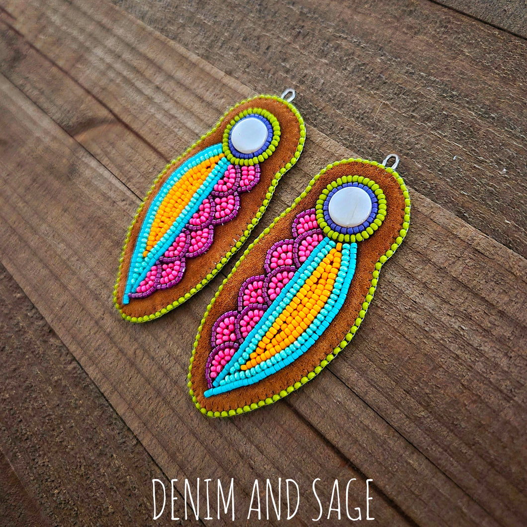 Neon flower (larger) applique beaded earrings. Indigenous handmade.