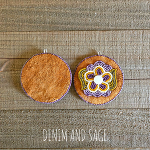 Purple flower applique beaded earrings. Indigenous handmade.