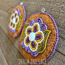 Load image into Gallery viewer, Purple flower applique beaded earrings. Indigenous handmade.
