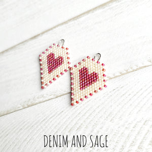 Cream and pink heart beaded earrings. Indigenous handmade.